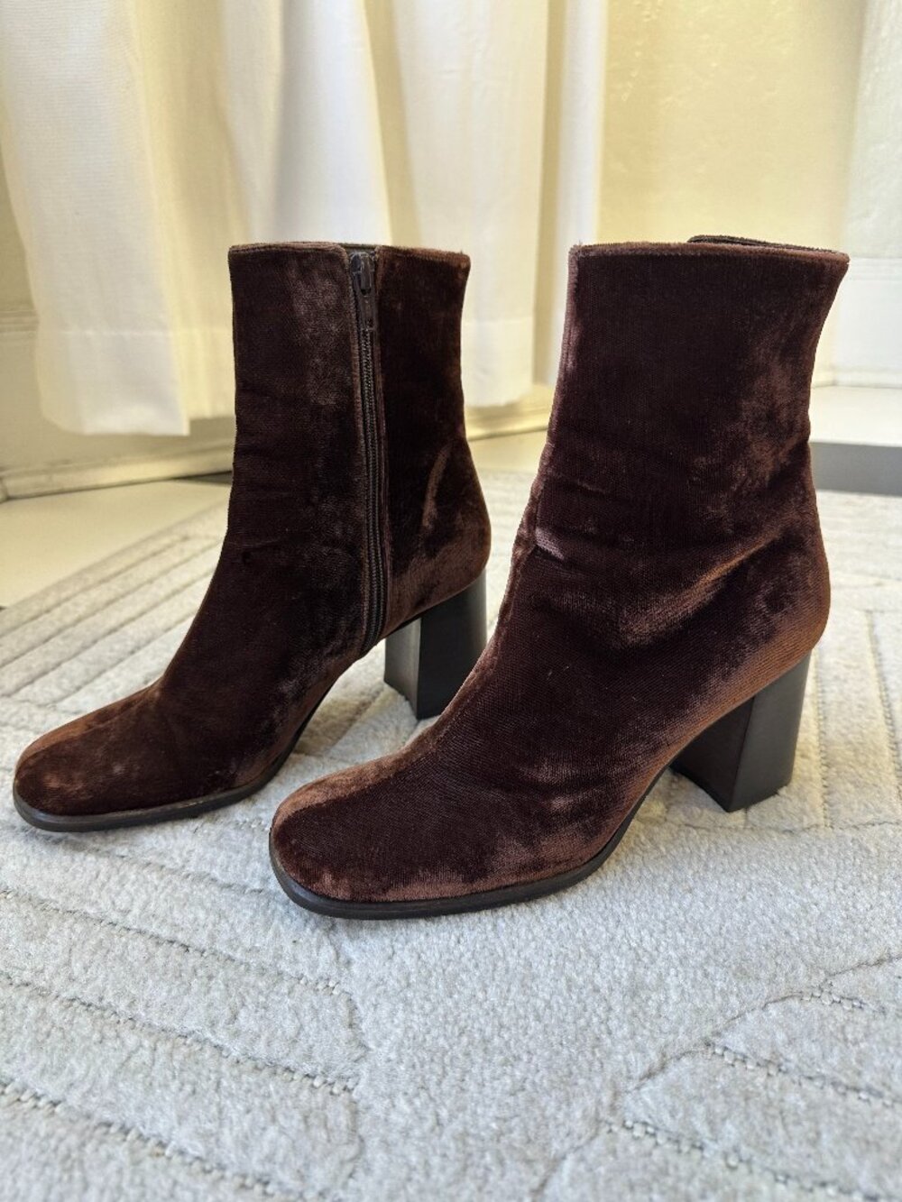 Vintage 90s Nine West Brown Velvet Ankle Boots Square Toe 5.5M Brazil